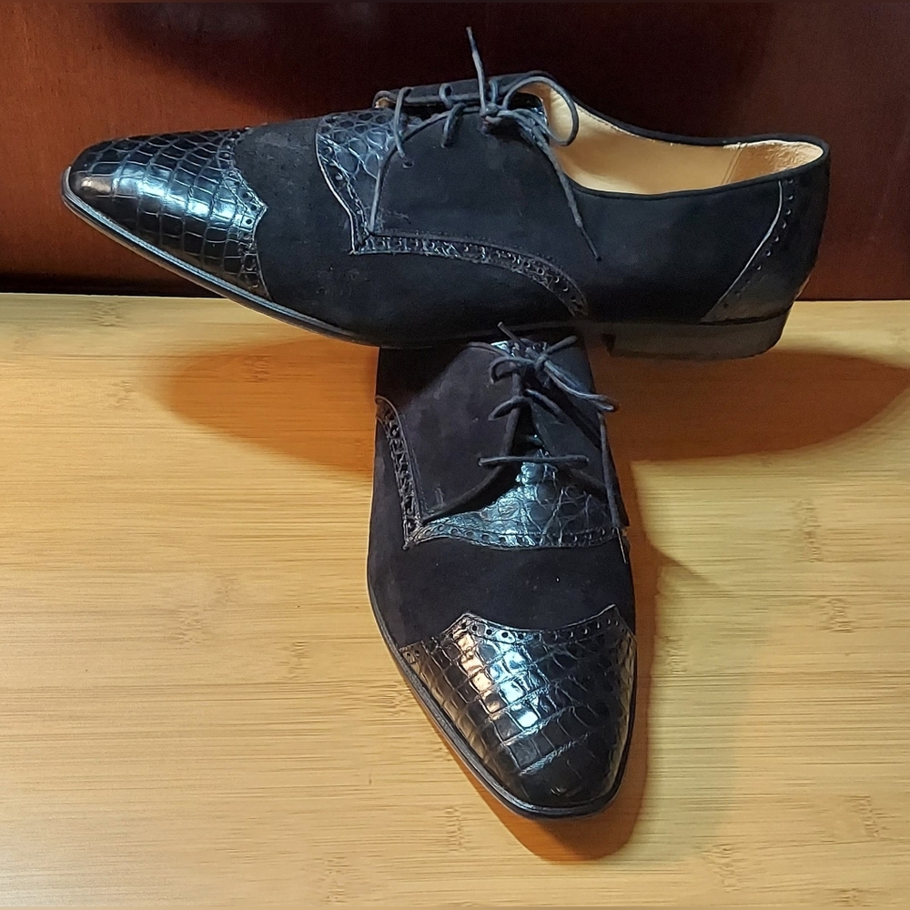 MICHELE LOISI MEN'S BLACK  CROCODILE & SUEDE OXFORDS SIZE 14 M MADE IN ITALY